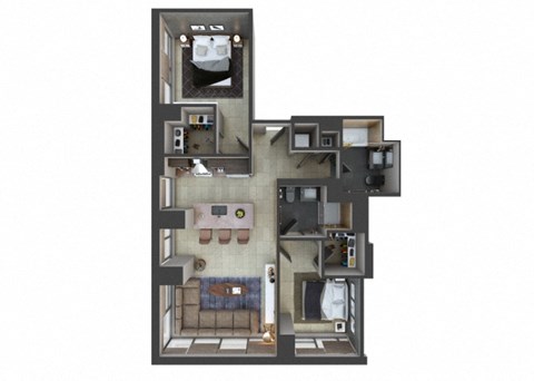 Floor plan for 2 beds, 2 baths, 1027 sqft